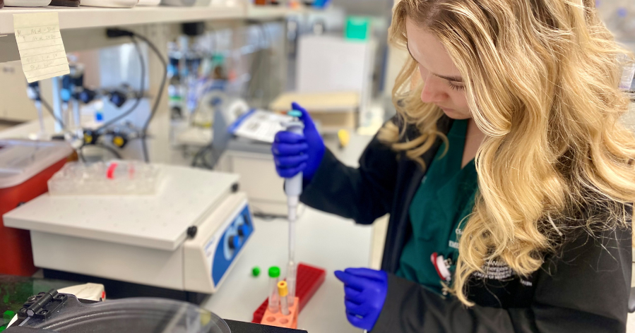 Person wearing green scrubs and blue gloves using a pipette to transfer liquid into test tubes in a laboratory setting.