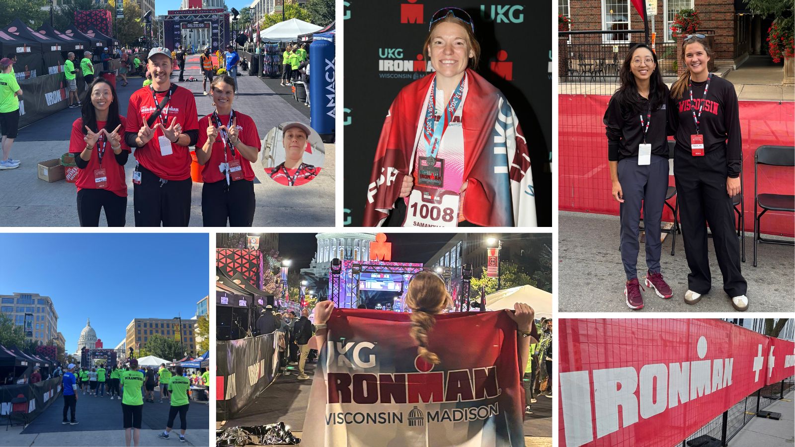 Six-photo collage from Ironman Wisconsin in Madison featuring volunteers, finish-line scenes, event signage, and participants celebrating.