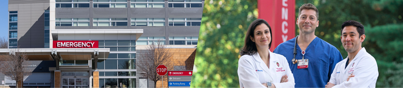 Healthcare facility entrance and a group of medical professionals featured together in a hospital care banner.