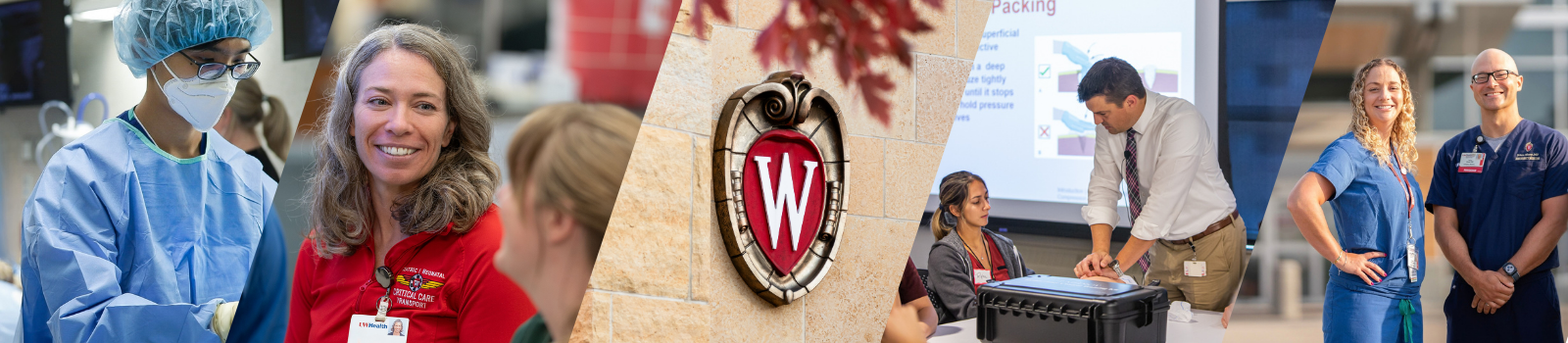 A collage showing clinical training scenes, a UW crest on a building, a classroom demonstration, and physicians standing outside in front of a hospital.